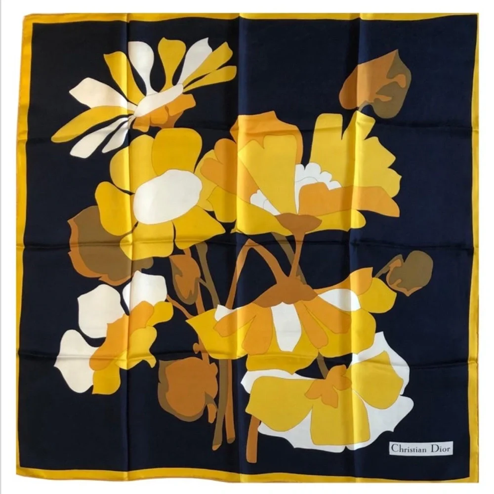 Vintage Christian Dior Square Silk Scarf Navy Blue, Yellow & White 32